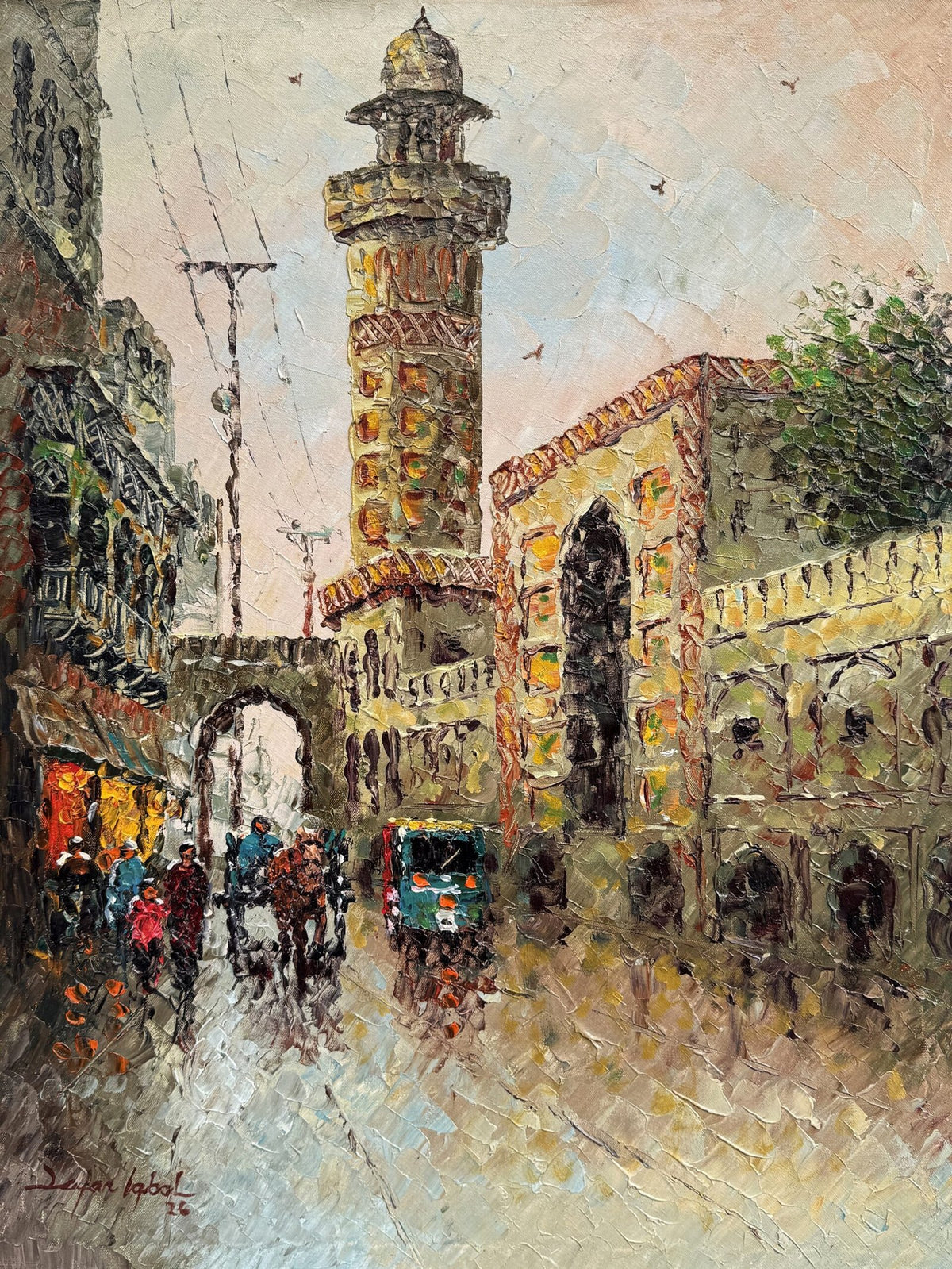 Zafar Iqbal Khan Wazir Khan Mosque minaret Walled City rainy bazaar oil on canvas 18x24 inches historic minaret arch wet street impasto cityscape painting