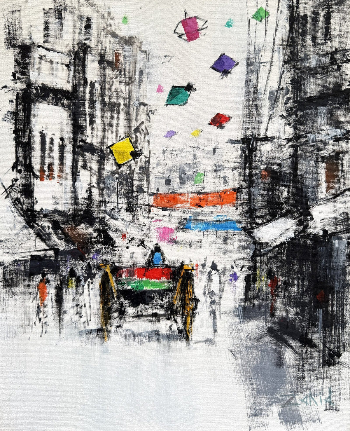 Zahid Saleem Cityscape acrylic on canvas 13x16 inches old street tonga kites Basant black white