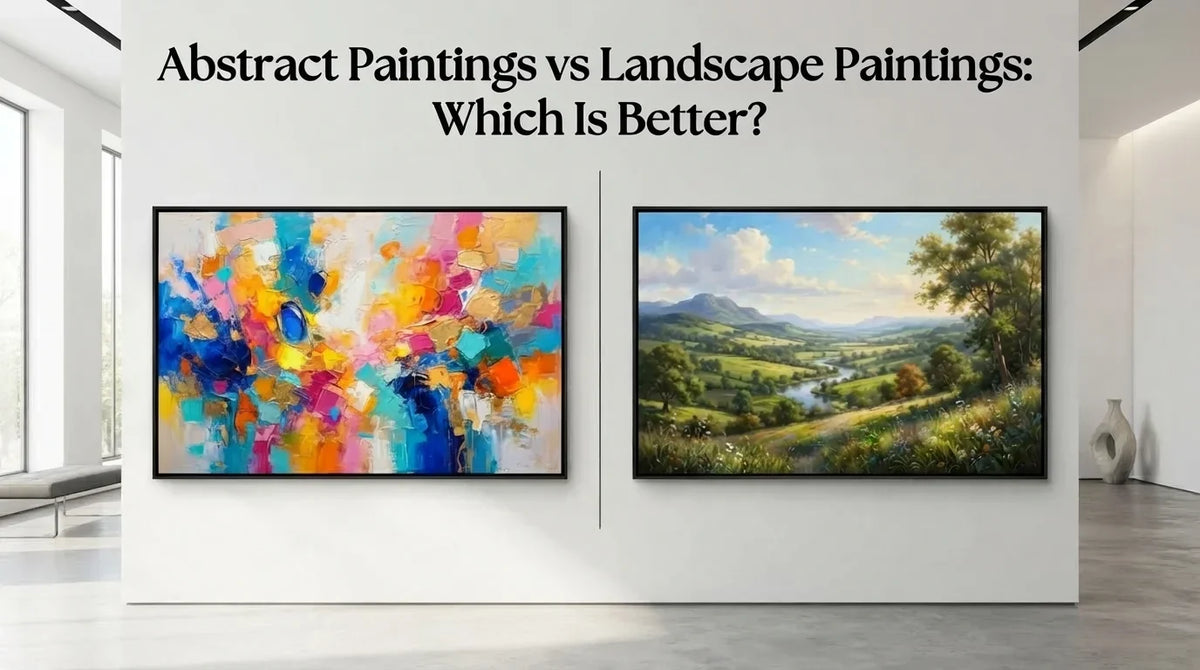Two abstract paintings displayed side by side, contrasting with a landscape painting in the background for comparison.