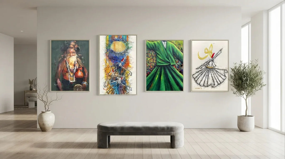 A room with four Sufism art paintings on the wall, featuring vibrant colors and detailed patterns that reflect spiritual beliefs.