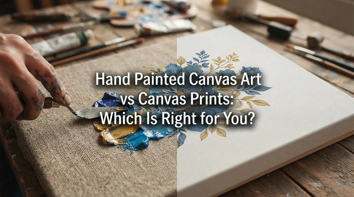 original hand painted canvas art compared next to a digital canvas print.