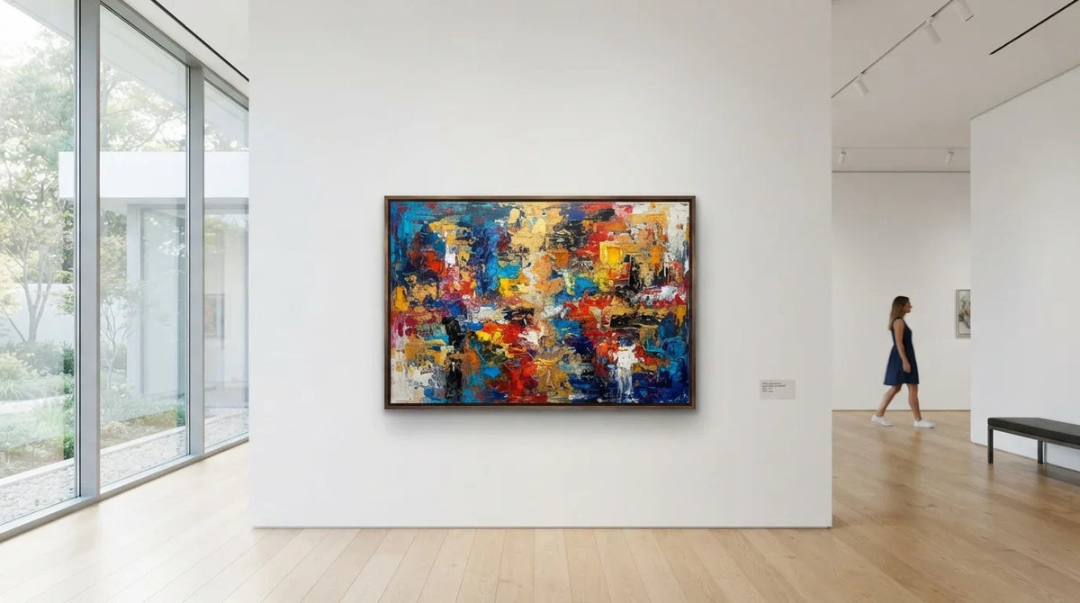 A woman observes original art paintings by famous artists in a modern gallery, surrounded by vibrant abstract colors and shapes.