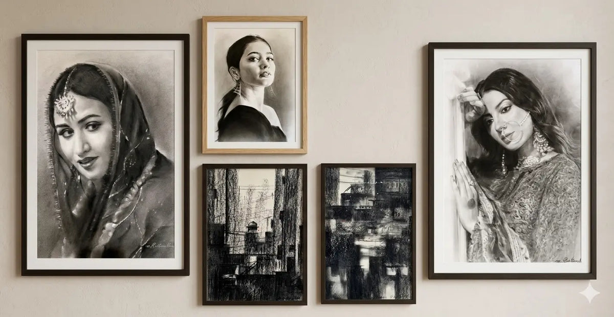 Five framed pencil art portraits hang on a light wall, including three women’s portraits and two darker abstract city scenes.