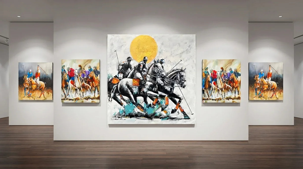 Multiple polo paintings on galley wall, showcasing players in action on horseback against a dynamic background.