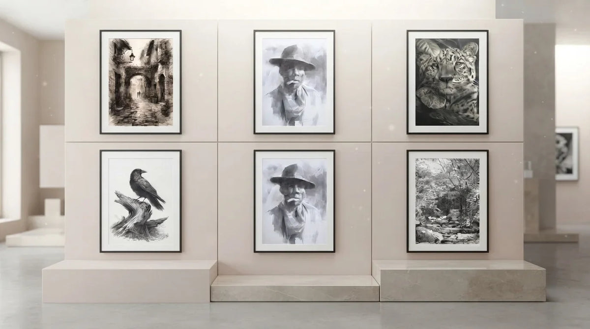 A room featuring framed portrait pencil art works of various animals and birds displayed on the walls.