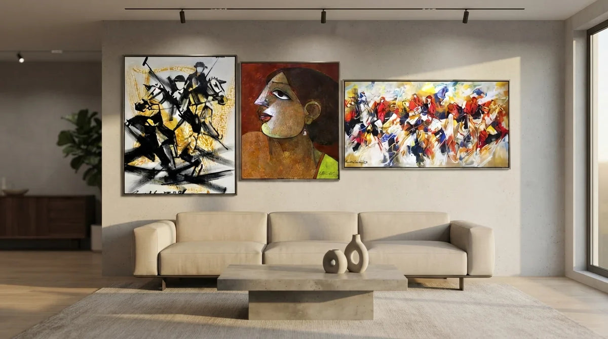A cozy living room featuring three cubism art works, each with unique geometric designs and bold hues.