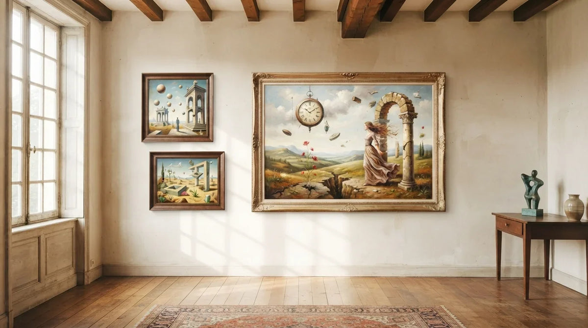 A room filled with colorful surrealism art paintings on the walls and a patterned rug on the floor.