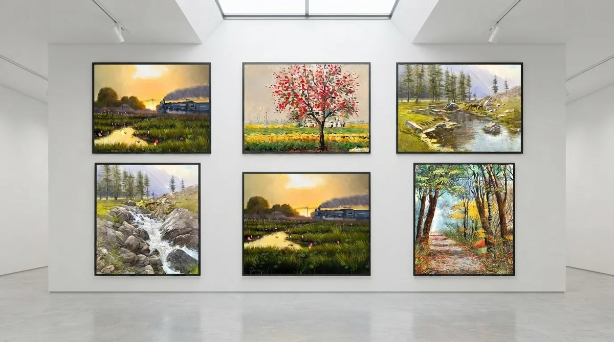 Interior of a large room showcasing different types of landscape paintings on the walls.