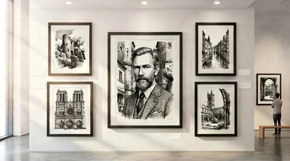 A man examines a wall filled with various framed pen and ink artworks, showcasing intricate designs and details.