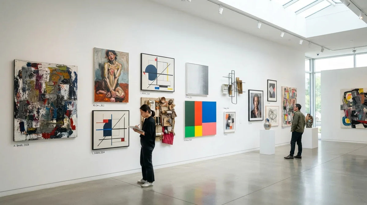 Visitors observe contemporary art pieces while exploring what is contemporary art in a modern gallery setting.