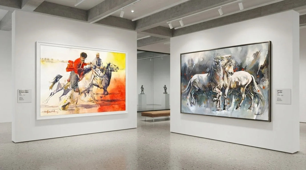 An art gallery featuring two distinct horse paintings, highlighting the beauty and grace of these animals.