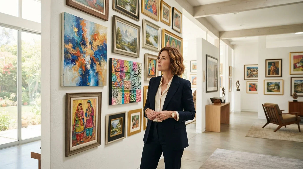 A woman stands in front of a wall displaying various artworks, illustrating why people collect art.