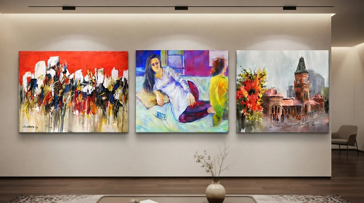 Three expressionism paintings displayed on a living room wall, showcasing vibrant colors and abstract forms.