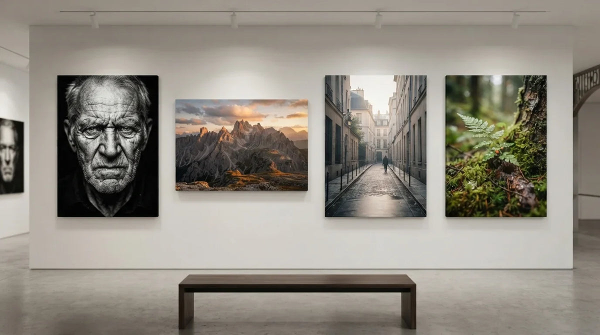 A gallery wall featuring four photography art paintings, each with unique colors and designs.