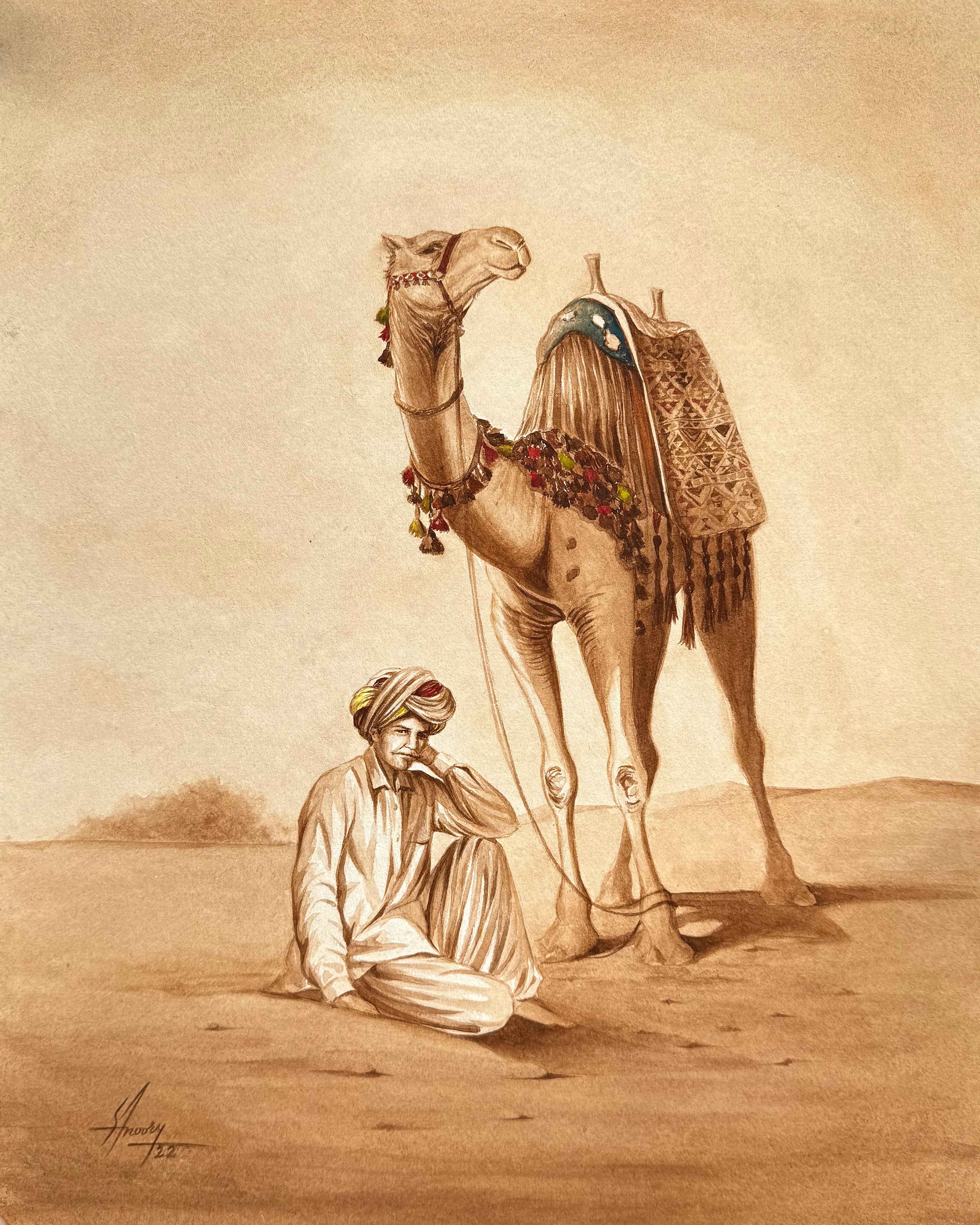 S A Noory Desert Companions Camel Man Watercolor on Paper 12x15 inches