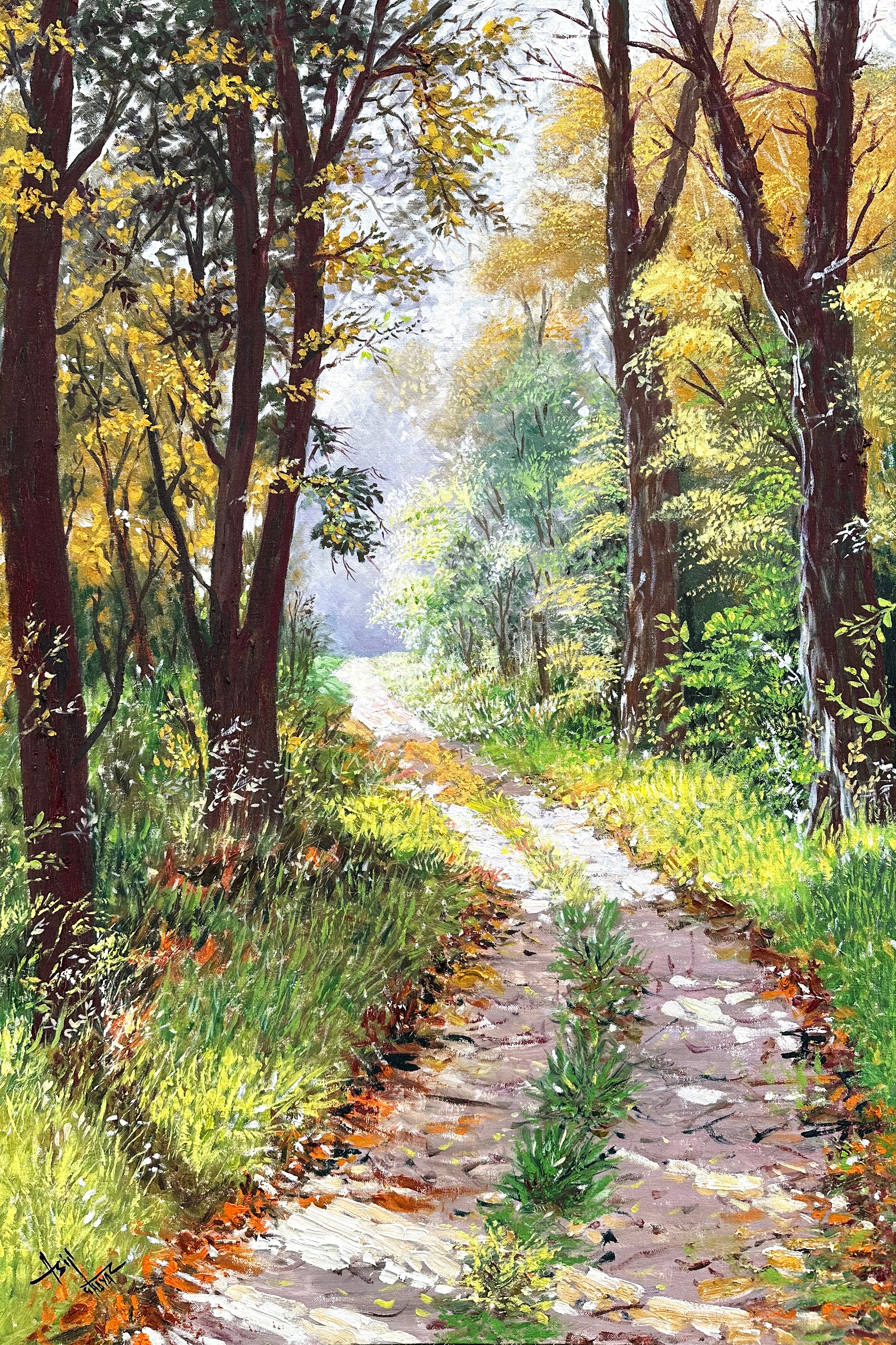 Asif Ghayaz Serene Horizon Sunlit Forest Path Oil on Canvas 24x36 inches