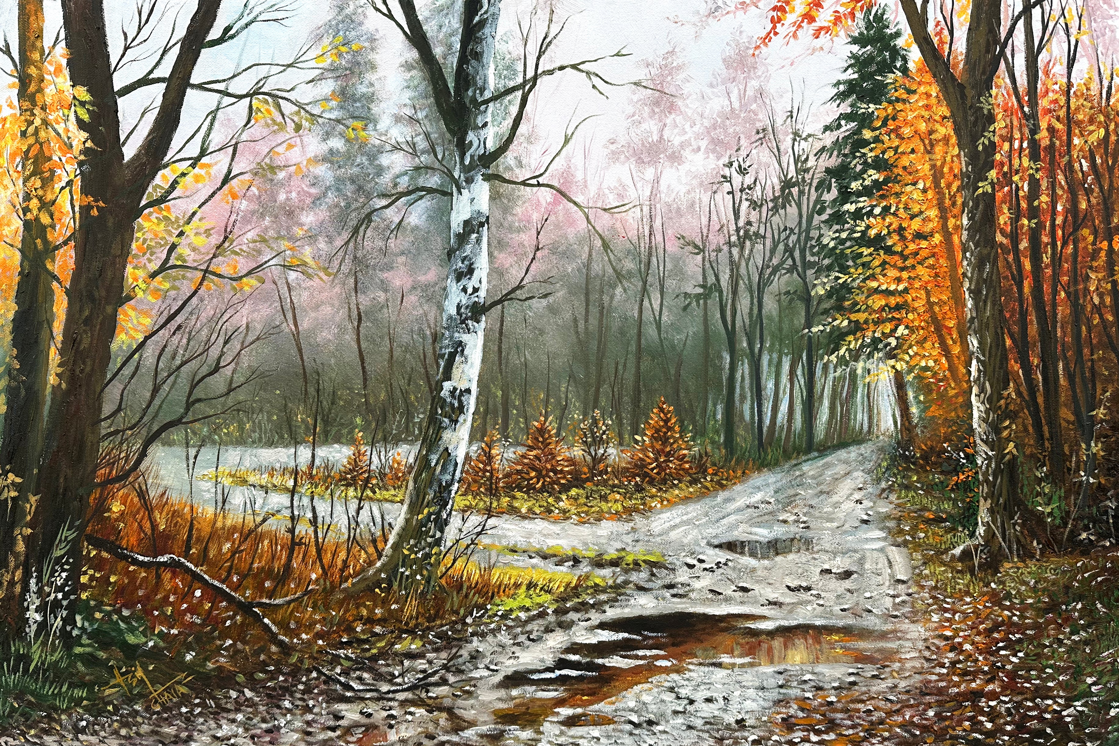 Asif Ghayaz Serene Landscape Autumn Birch Tree Lake Oil on Canvas 24x36 inches