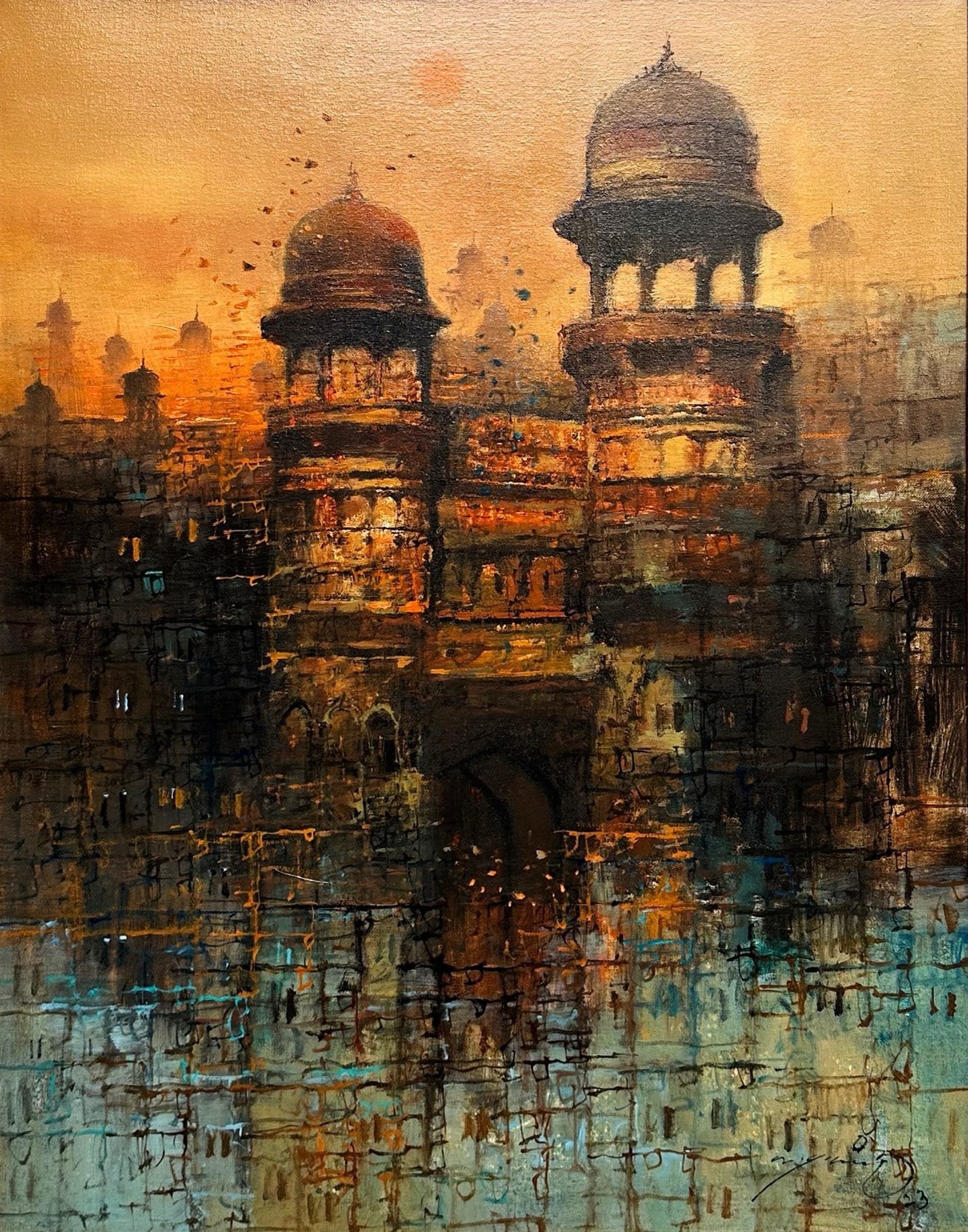 A.Q. Arif Golden Domes at Dusk Acrylic on Canvas 22x28 inches