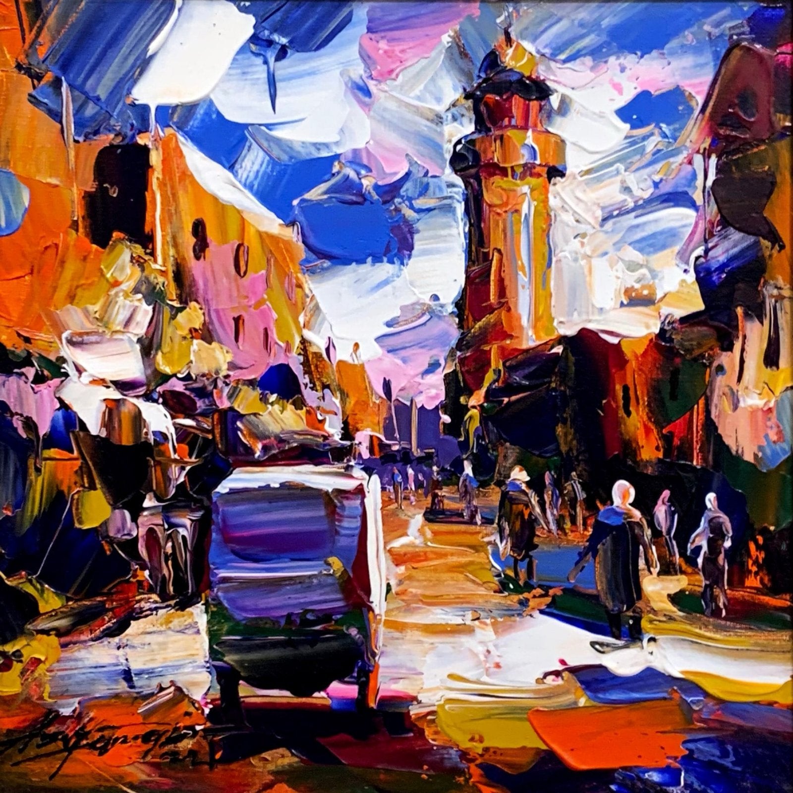 Asrar Farooqi | Title: Vibrant Cityscape | Medium: Oil on Canvas | Size: 12x12 inches