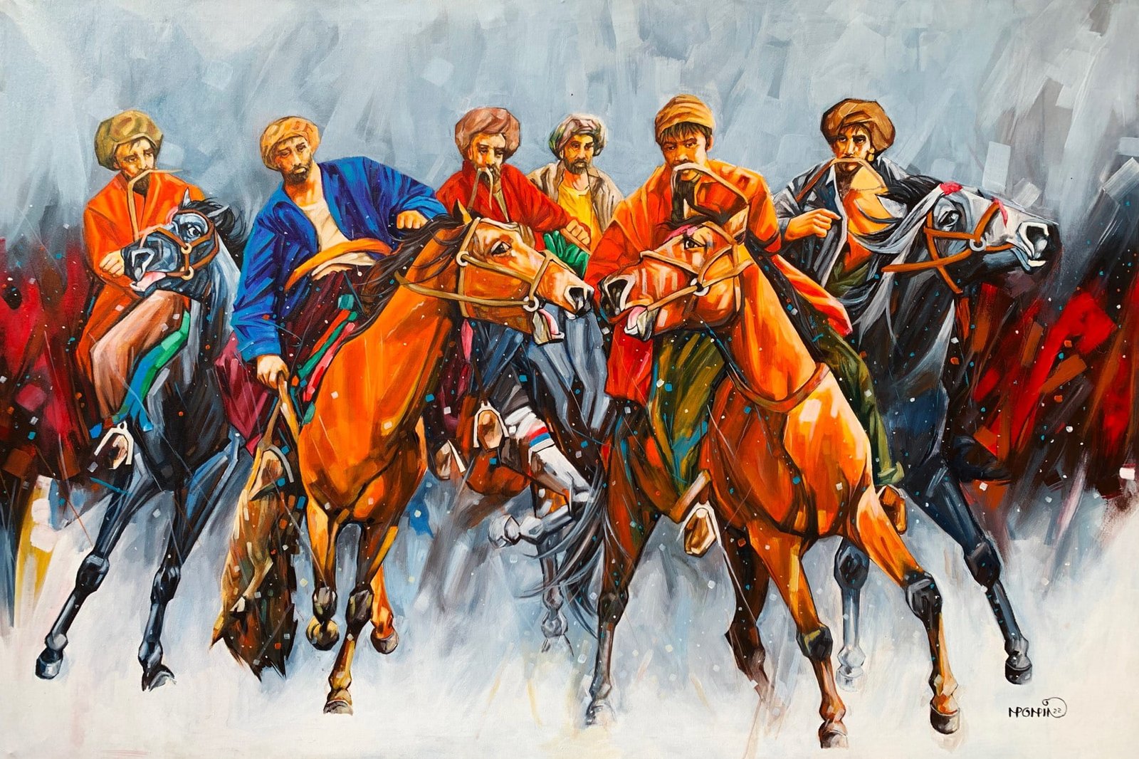 Momin Khan  | Title: Buzkashi  | Medium: Oil On Canvas   | Size: 48 x 72 inches
