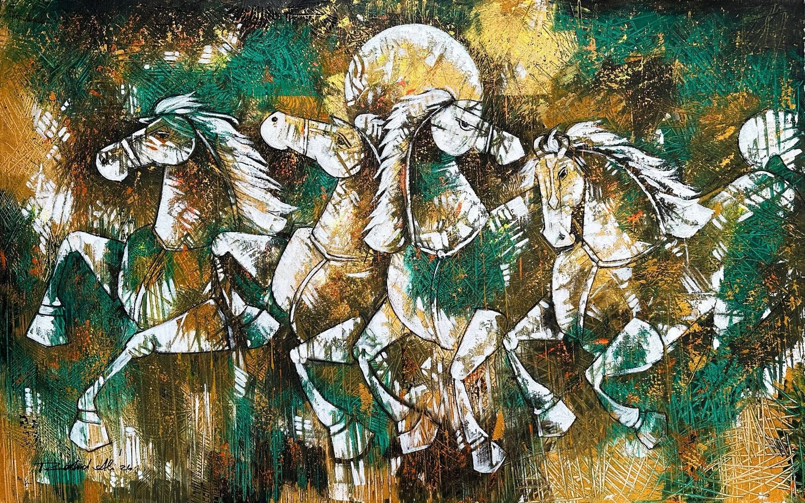 Rashid Ali | Title: Horses | Medium: Oil On Canvas | Size: 30x48 inches