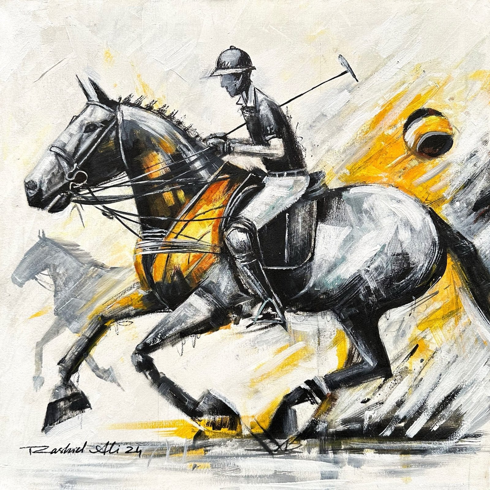 Rashid Ali | Title: Polo Player | Medium: Oil On Canvas | Size: 18x18 inches