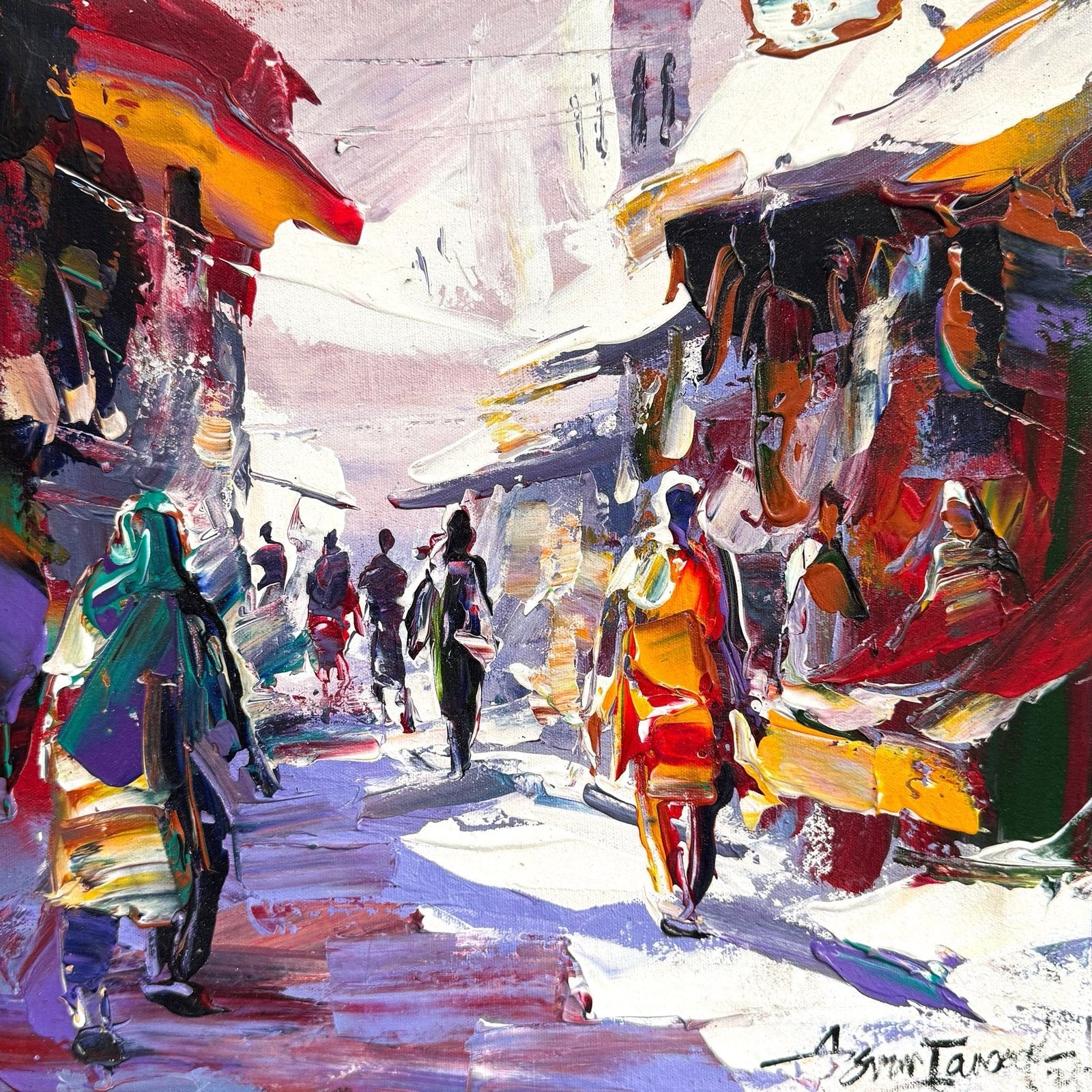Asrar Farooqi  | Title: Vibrant Cityscape  | Medium: Oil on Canvas  | Size: 12x12 inches