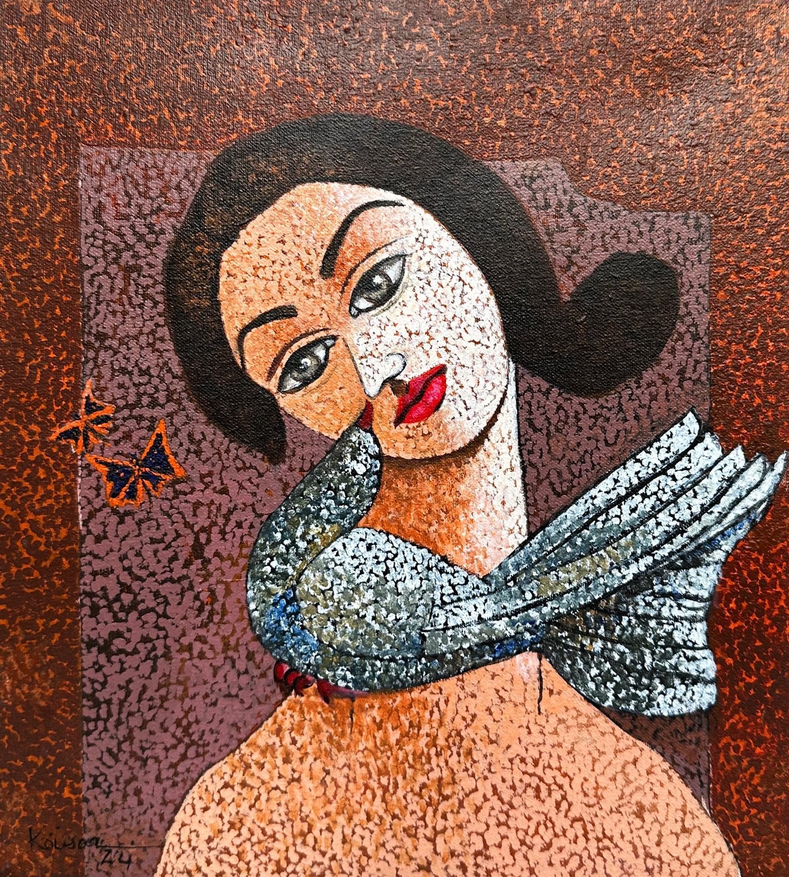 Kausar Bhatti  | Title: woman with pigeon  | Medium: Oil on Canvas  | Size: 12x16 inches