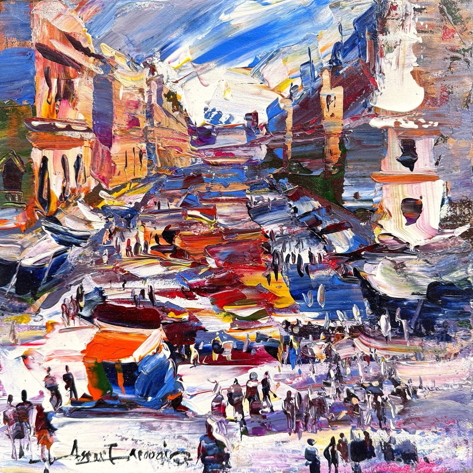 Asrar Farooqi  | Title: Vibrant Cityscape  | Medium: Oil on Canvas  | Size: 12x12 inches