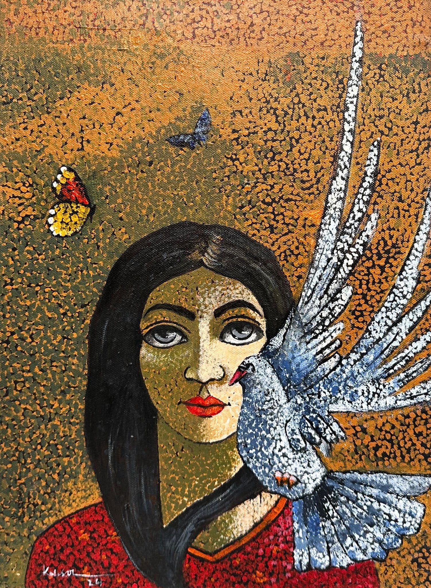 Kausar Bhatti  | Title: woman with pigeon  | Medium: Oil on Canvas  | Size: 12x16 inches
