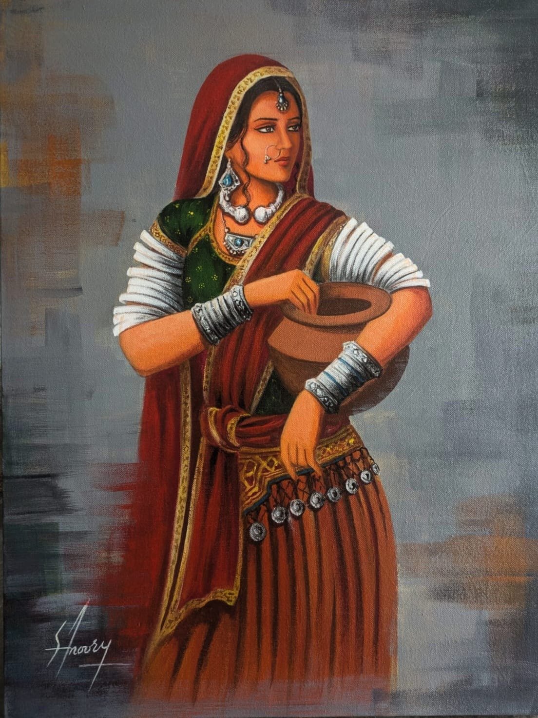 S. A. Noory Desert Grace Sindhi Village Woman Matki Acrylic on Canvas 18x24 inches