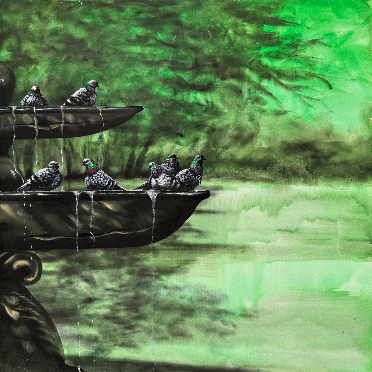 Irfan Ahmed Pigeons On Fountain Green Nature Realistic Oil On Canvas 50x50 Inches