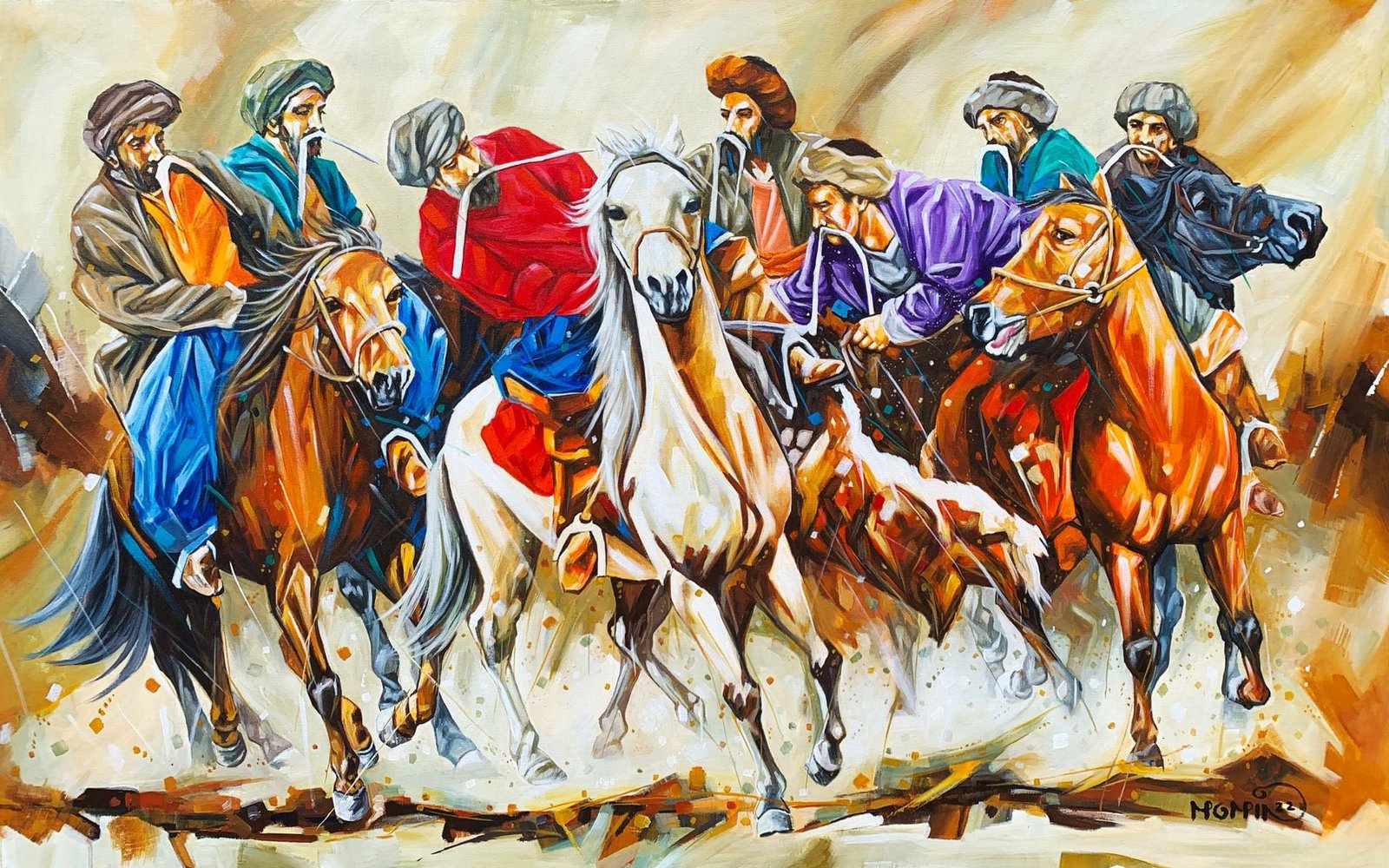 Momin Khan  | Title: Buzkashi  | Medium: Oil On Canvas   | Size: 30 x 48 inches