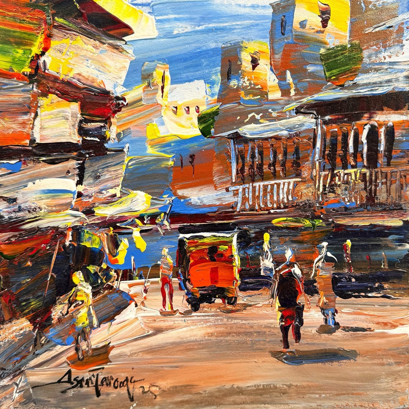 Asrar Farooqi  | Title: Vibrant Cityscape  | Medium: Oil on Canvas  | Size: 12x12 inches