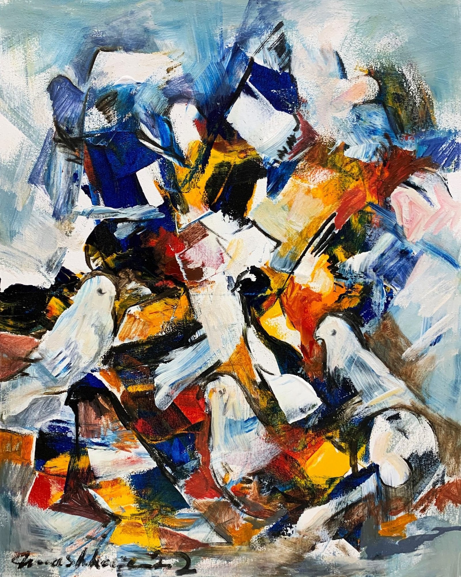 Mashkoor Raza | Title: Pigeons | Medium: Oil On Canvas | Size: 24x30 inches