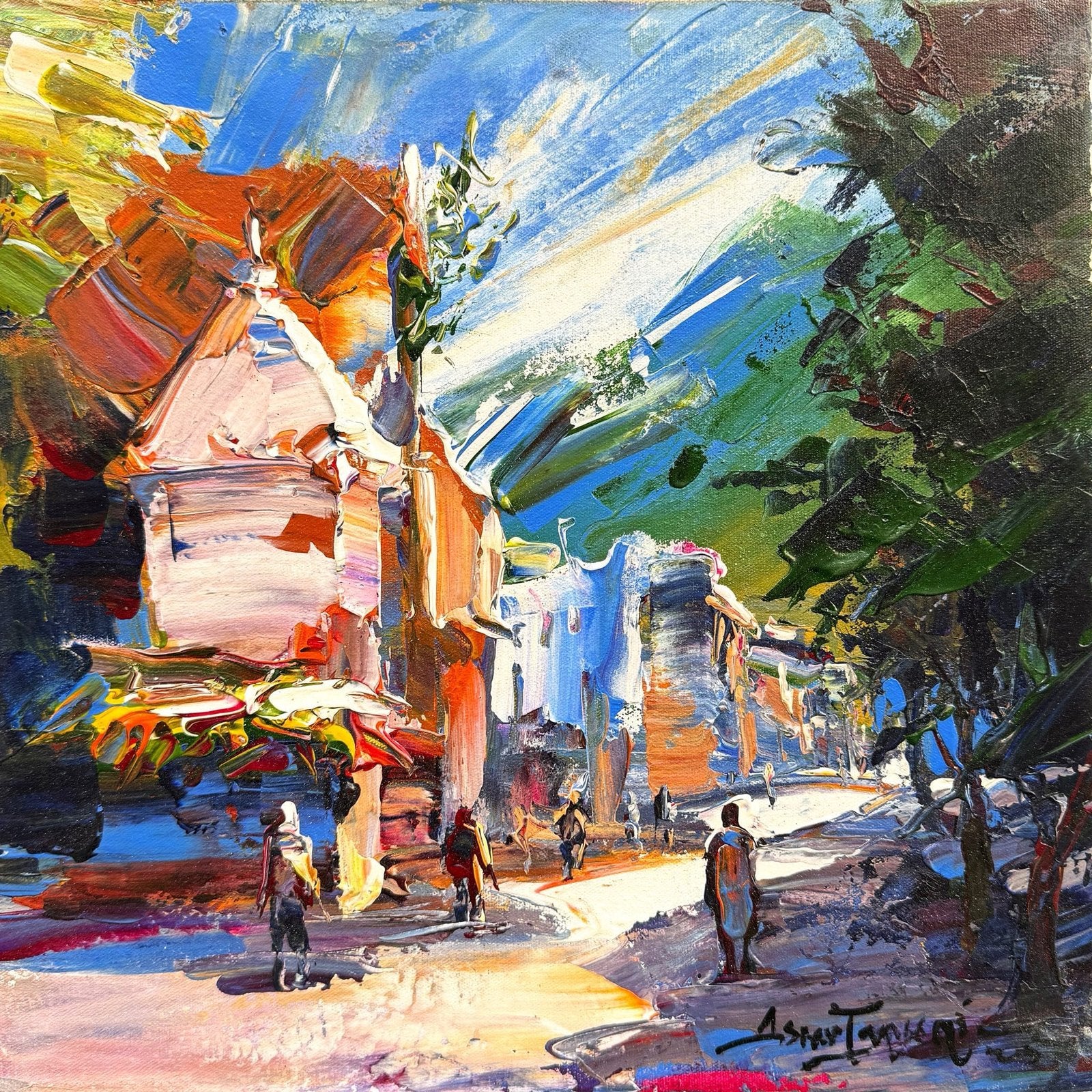 Asrar Farooqi  | Title: Vibrant Cityscape  | Medium: Oil on Canvas  | Size: 12x12 inches