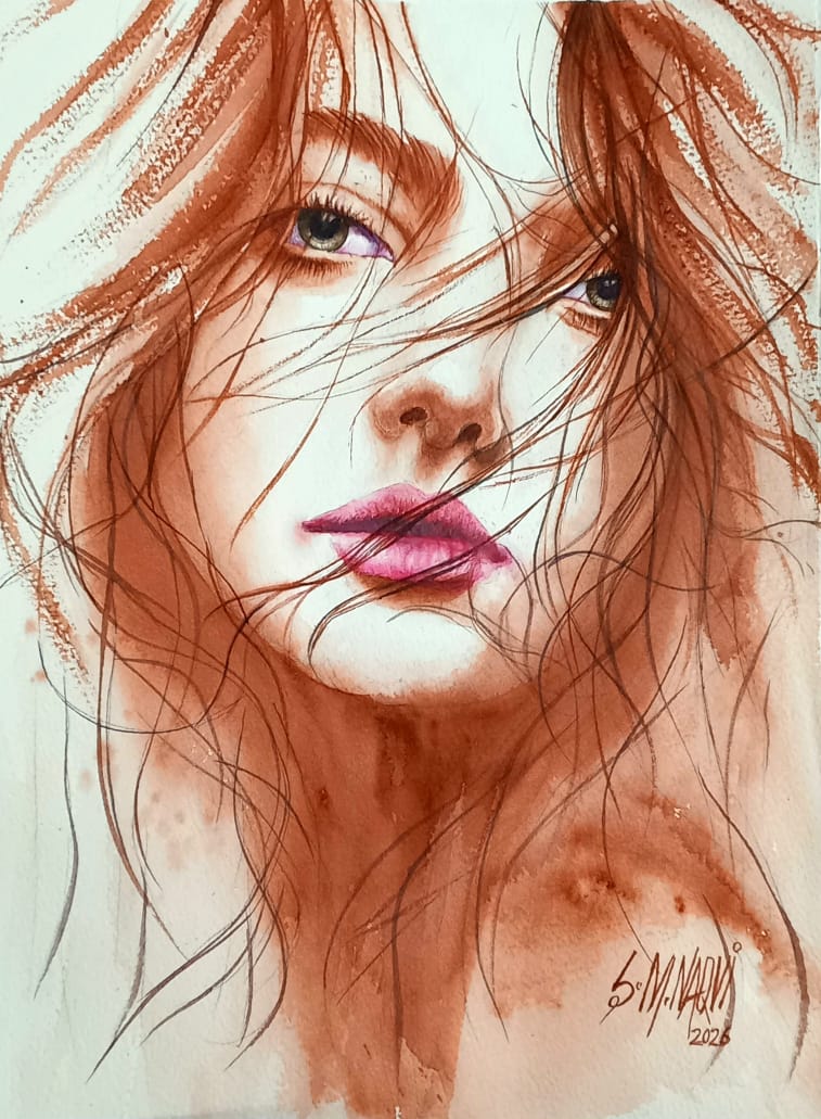 S M Naqvi Windswept Beauty Painting Watercolor On Paper 11x14 Inches