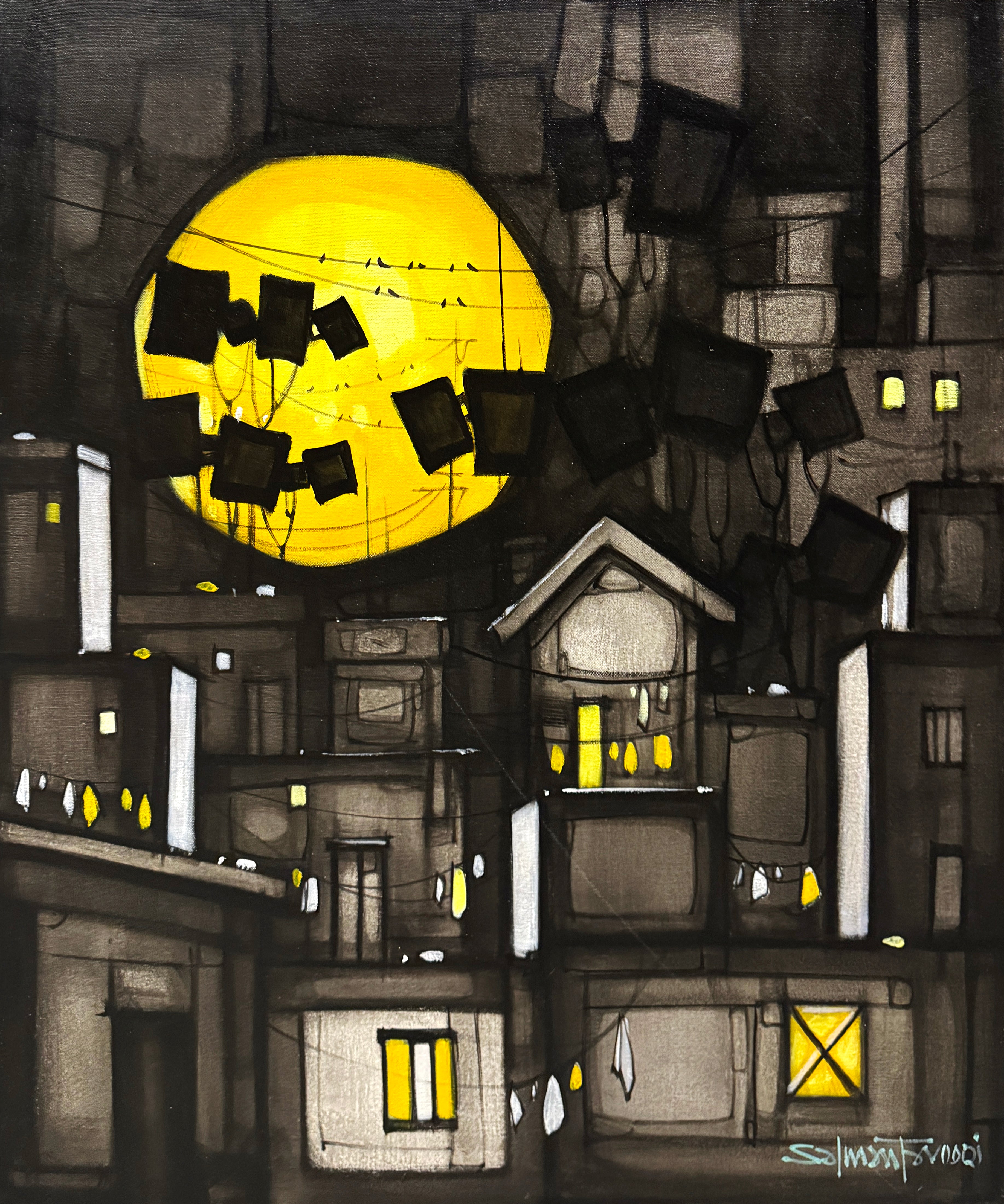Salman Farooqi Moonlit Cityscape Acrylic On Canvas 30x36, original Pakistani urban painting with big yellow moon over city buildings and glowing windows
