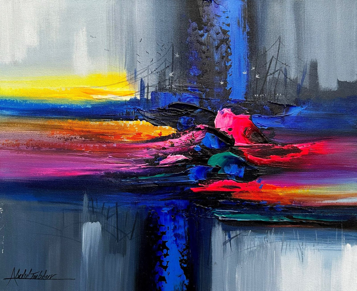 Abdul Jabbar abstract horizon oil painting on canvas 16x20 inches with vibrant colors and texture
