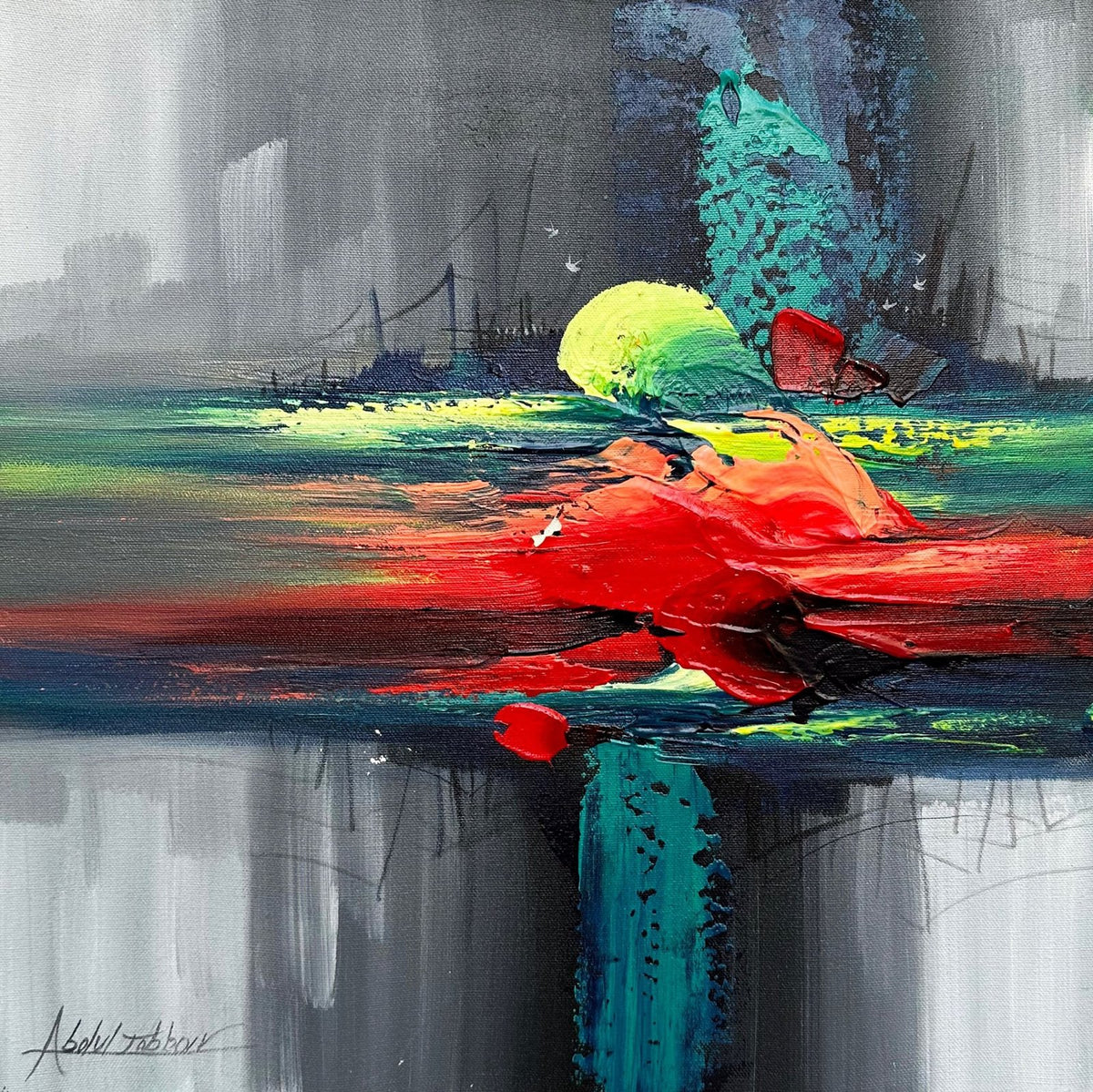 Abdul Jabbar abstract reflection oil painting on canvas 18x18 inches with red yellow teal and gray tones
