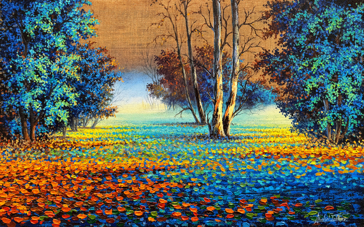 Abdul Jabbar autumn light oil painting on jute 30x48 inches with blue trees orange leaves and golden sunlight
