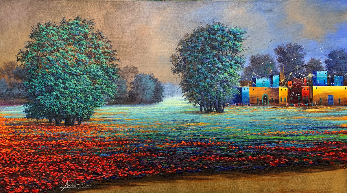 Abdul Jabbar flower field village oil painting on jute 30x54 inches landscape with red flowers teal trees and colorful houses