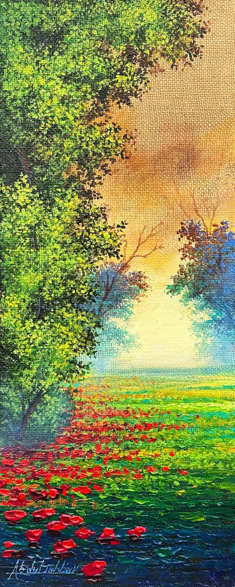Abdul Jabbar golden meadow path oil painting on jute 12x30 inches with green trees and red flowers
