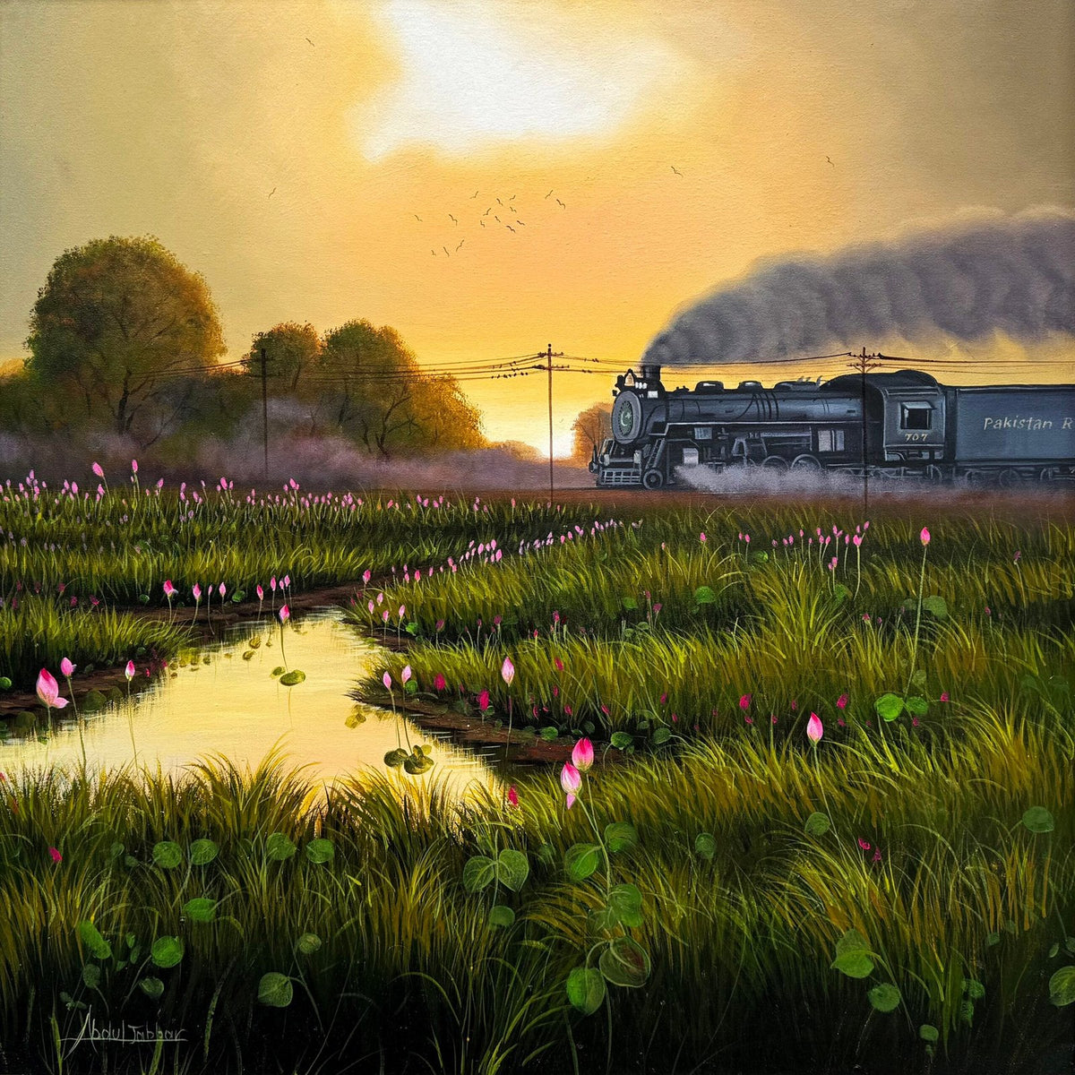 Abdul Jabbar golden rails lotus crossing at dawn oil on canvas 30x30 inches steam train lotus field painting