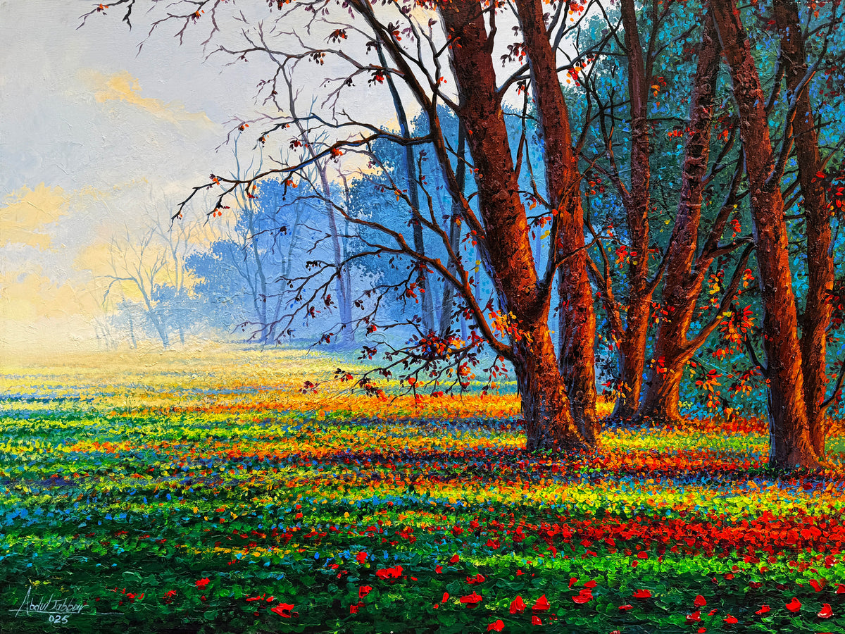 Abdul Jabbar golden serenity oil painting on canvas 36x48 inches with sunlit forest and wildflowers