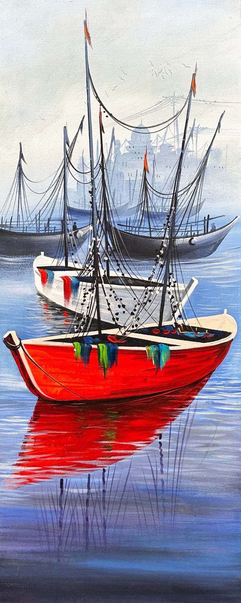 Abdul Jabbar harbor boats oil painting on canvas 12x30 inches with red fishing boats and reflections

