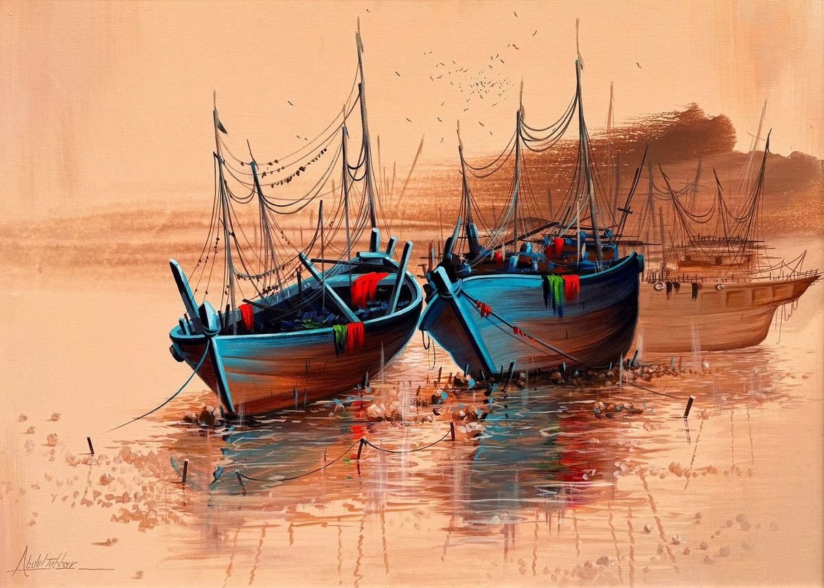 Abdul Jabbar harbor boats oil painting on canvas 30x42 inches with two blue fishing boats and golden reflections
