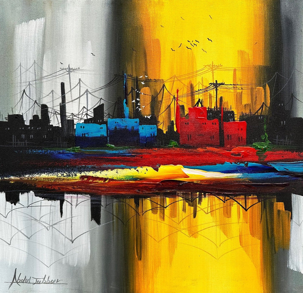Abdul Jabbar industrial cityscape oil painting on canvas 20x20 inches with yellow red blue buildings and reflection
