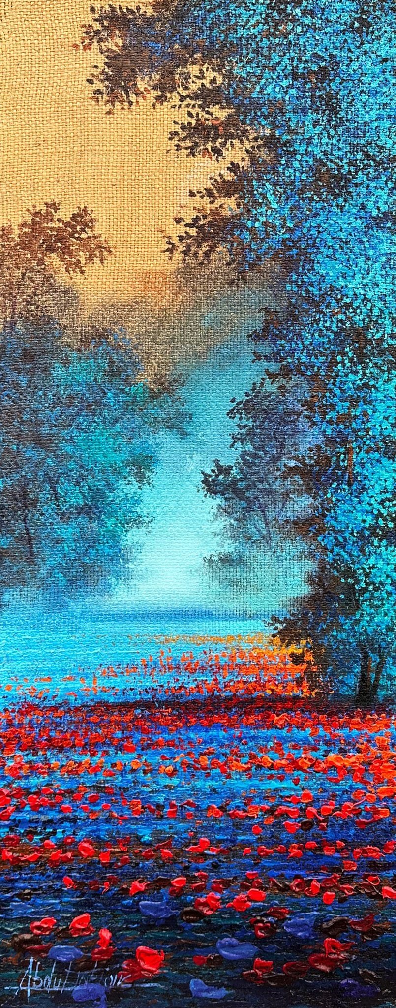 Abdul Jabbar misty grove oil painting on jute 12x30 inches with blue trees and red flowers
