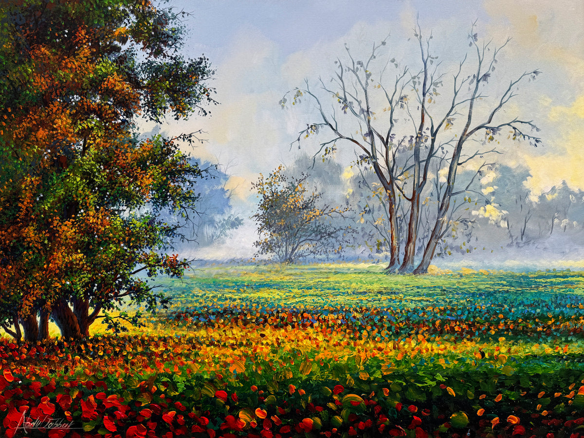Abdul Jabbar misty meadow oil painting on canvas 36x48 inches with wildflowers and trees
